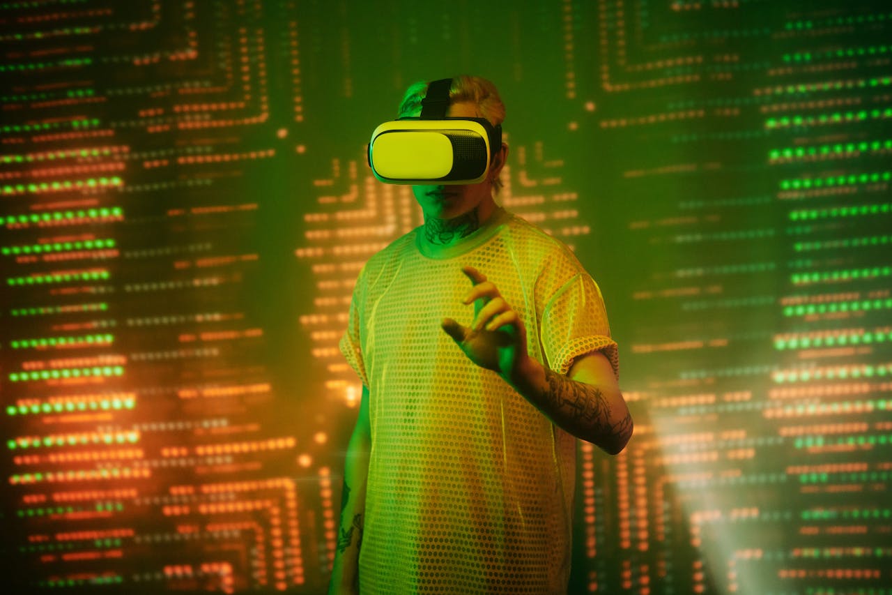 Person immersed in virtual reality, illuminated by vibrant lights, in a futuristic tech environment.